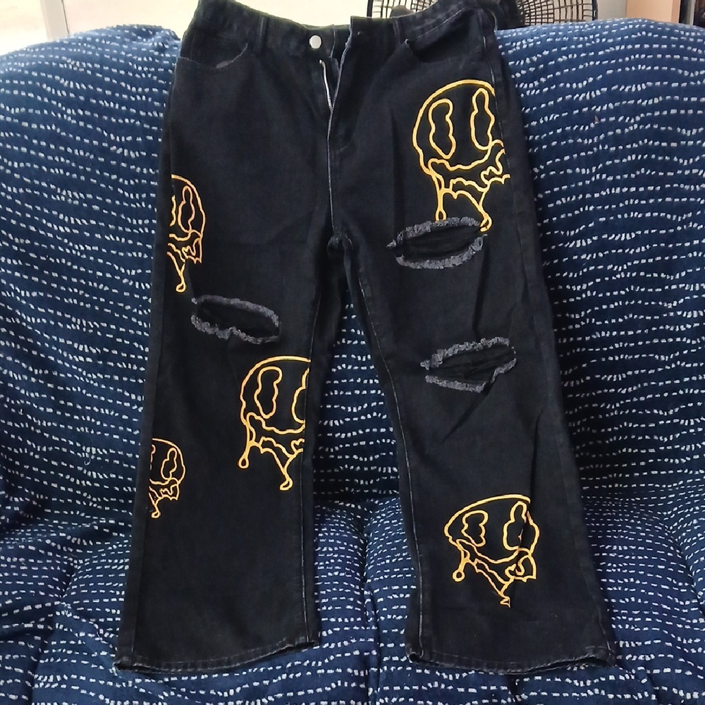 Source Unknown Black Pants with Yellow Drip Emoji Design